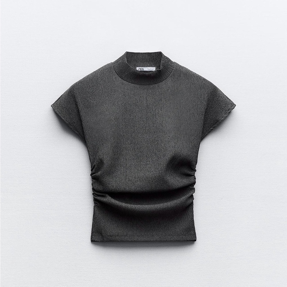 Ribbed Short-Sleeve Crewneck Top - Charcoal